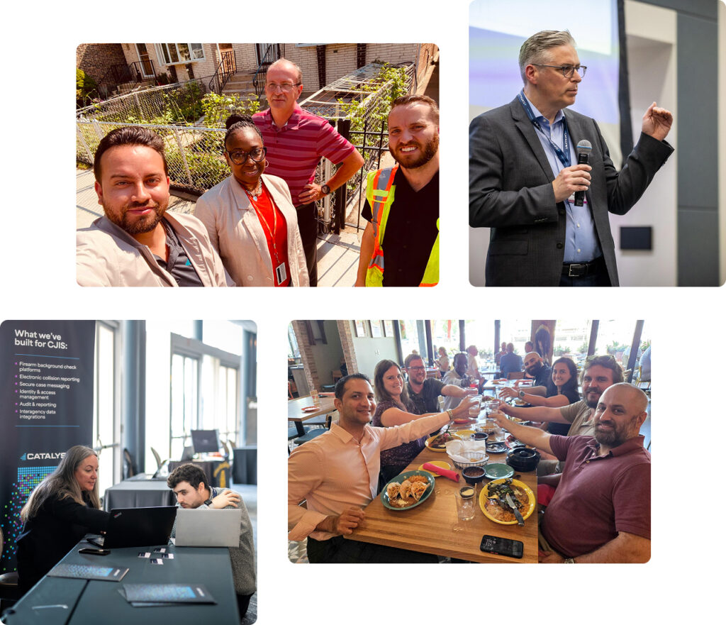 A collage of photos of the Catalyst team in social settings and at work.